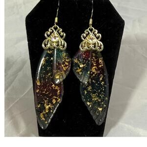 Boho Resin Wing Drop Earrings Gold Tone Iridescent Teal Pink